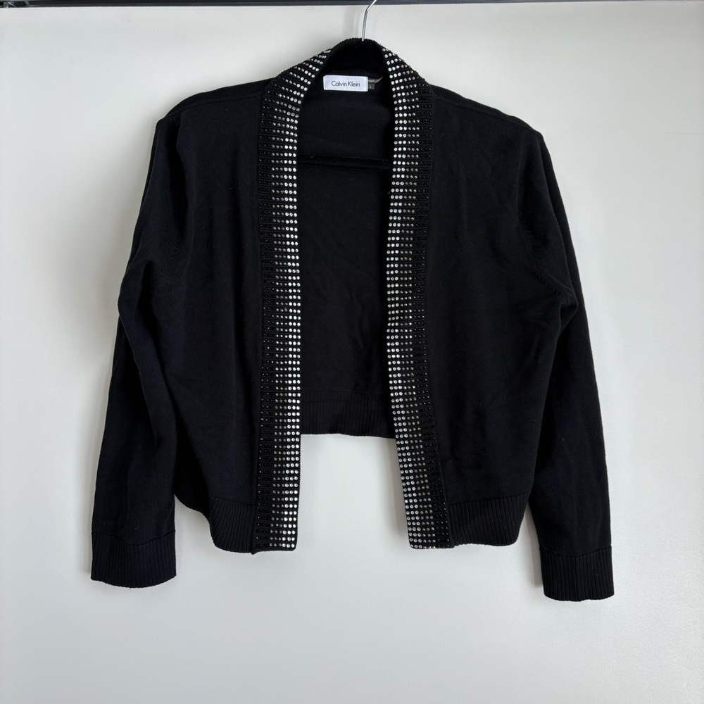 Calvin Klein Black Cardigan Sweater with Rhinestone Trim Size Large